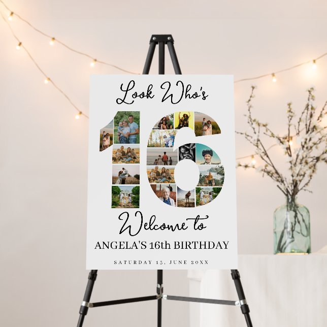 look who's 16 Photo Collage teen birthday sign (In Situ (Stand))
