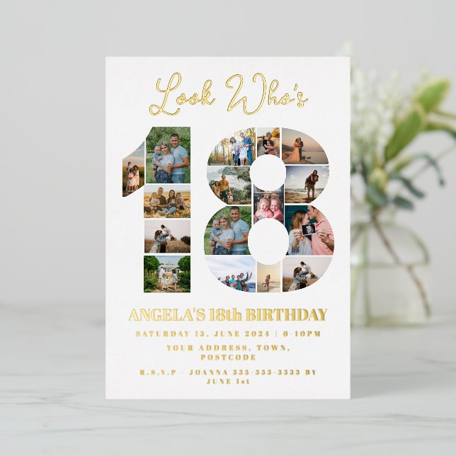 look who's 18 Photo Collage teenager birthday Foil Invitation (Standing Front)