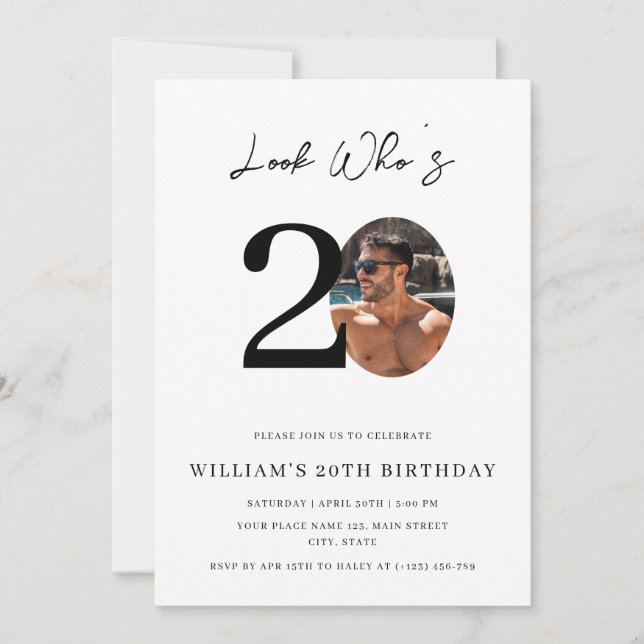 Look Who's 20 Birthday Modern Simple Photo  Invitation (Front)