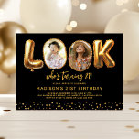 Look Who's 21 Black Gold Photo 21st Birthday Invitation<br><div class="desc">Modern 21st birthday invitation featuring a stylish black background, a fun "look who's turing 21!" design with the two Os swapped for before and after photos, and a shimmering gold glitter border at the bottom. The easy-to-personalize text template makes customizing your event details simple. Set the scene for a sophisticated...</div>