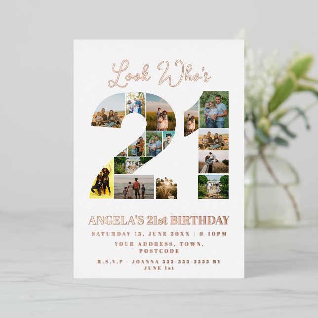 look who's 21 Photo Collage sign happy birthday  Foil Invitation (Standing Front)