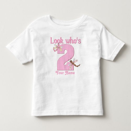 Look whos 2 girls birthday dragonfly t_shirt