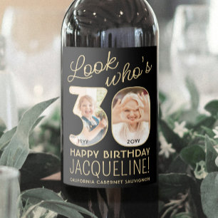 Look Who's 30 Black & Gold 2 Photo Birthday Party Wine Label