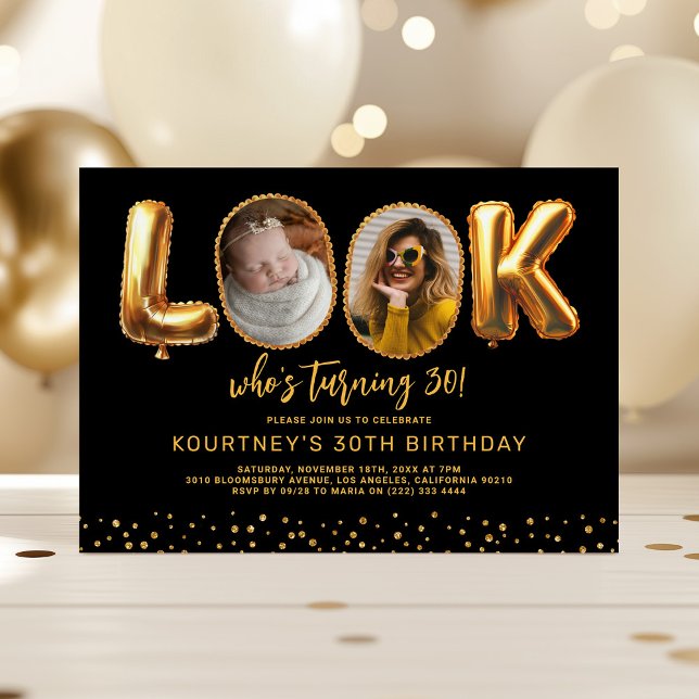 Look Who's 30 Black Gold Photo Thirty Birthday Invitation (Creator Uploaded)