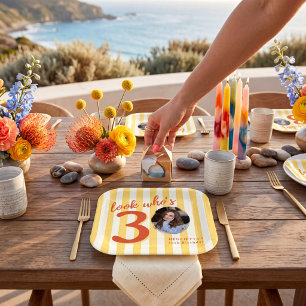 Look Who's 30 Photo Birthday Yellow Stripe Design Paper Plates