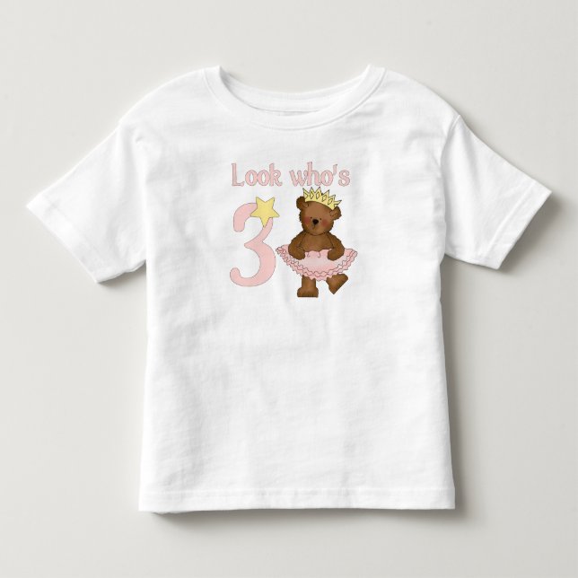 Look who's 3 girl birthday toddler t-shirt (Front)