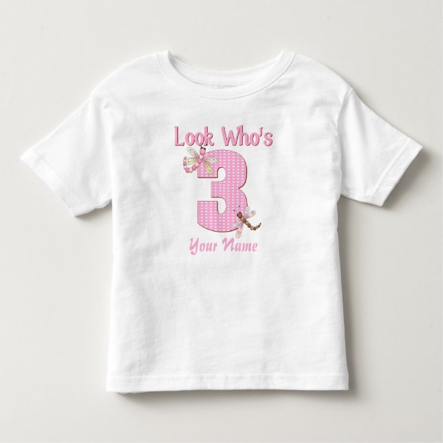 Look who's 3 pink dragonfly t-shirt (Front)