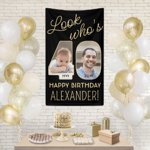 Look Who's 40 Black & Gold 2 Photo Birthday Party Banner