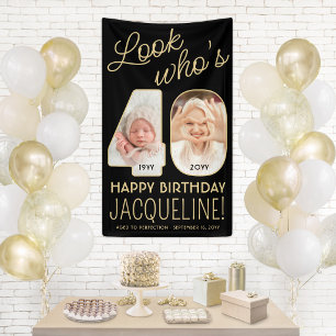 Look Who's 40 Black & Gold 2 Photo Birthday Party Banner