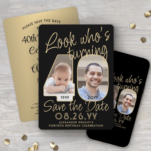 Look Who's 40 Black & Gold 2 Photo Birthday Party Save The Date (Creator Uploaded)
