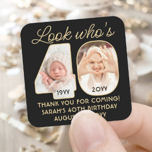 Look Who's 40 Black & Gold Birthday Party 2 Photo Square Sticker