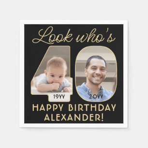 Look Who's 40 Black & Gold Happy Birthday 2 Photo Napkins