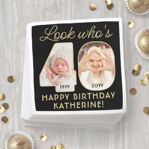 Look Who's 40 Black & Gold Happy Birthday 2 Photo Napkins