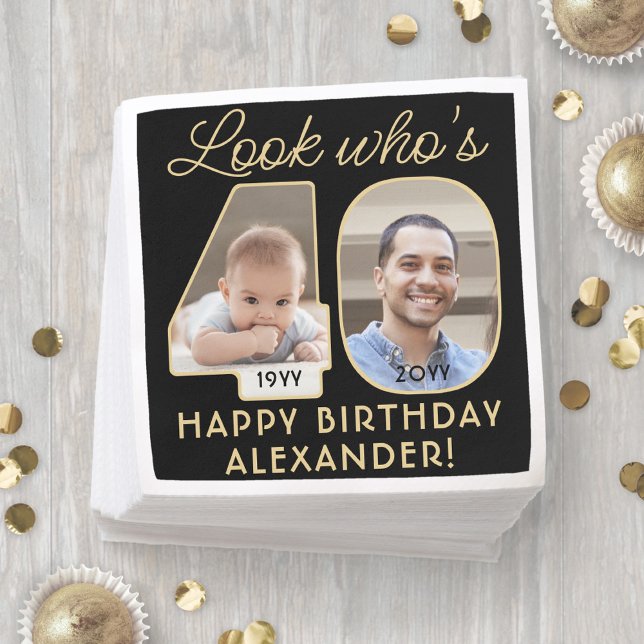 Look Who's 40 Black & Gold Happy Birthday 2 Photo Napkins (Creator Uploaded)