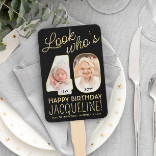 Look Who's 40 Black & Gold Happy Birthday 4 Photo Hand Fan