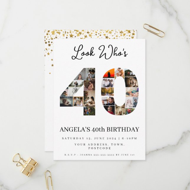 look who's 40 happy birthday Photo Collage  Invitation Postcard (Front/Back In Situ)