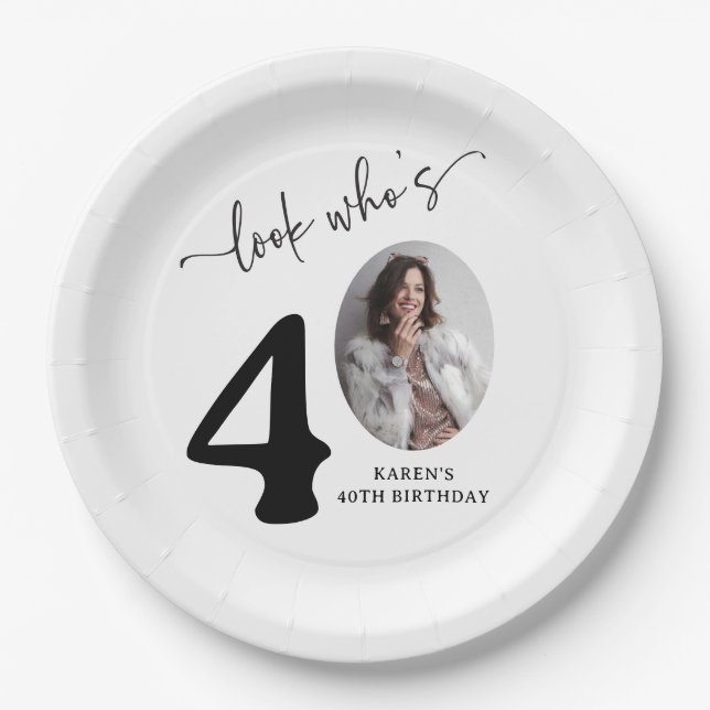 Look Who's 40! Modern Photo 40th Birthday Paper Plates (Front)
