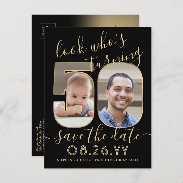 Look Who's 50 Birthday Party Save The Date 2 Photo Announcement Postcard (Front/Back)