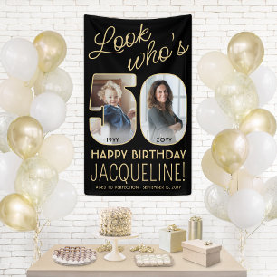 Look Who's 50 Black & Gold 2 Photo Birthday Party Banner