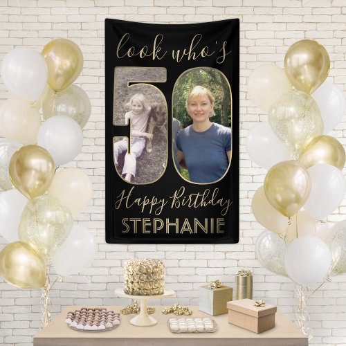 Look Whos 50 Black  Gold 2 Photo Birthday Party Banner