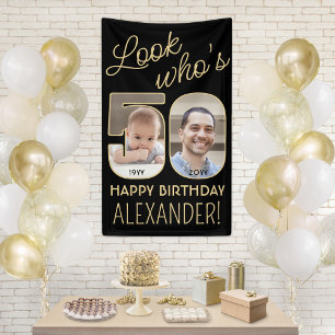 Look Who's 50 Black & Gold 2 Photo Birthday Party Banner