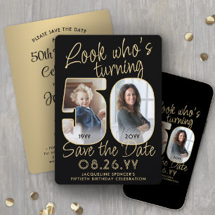 Look Who's 50 Black & Gold 2 Photo Birthday Party Save The Date