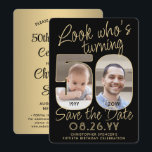 Look Who's 50 Black & Gold 2 Photo Birthday Party Save The Date<br><div class="desc">Look who's turning 50! Invite family and friends to an upcoming 50th birthday celebration with custom photo save the date party invitations. Pictures and wording on this template are simple to personalize. (IMAGE PLACEMENT TIP: An easy way to position a photo exactly how you want is to crop it before...</div>
