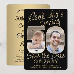 Look Who's 50 Black & Gold 2 Photo Birthday Party Save The Date