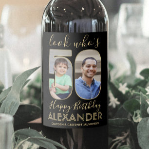 Look Who's 50 Black & Gold 2 Photo Birthday Party Wine Label