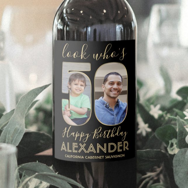 Look Who's 50 Black & Gold 2 Photo Birthday Party Wine Label (Creator Uploaded)