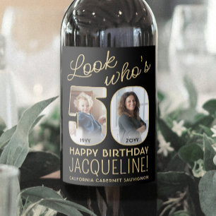 Look Who's 50 Black & Gold 2 Photo Birthday Party Wine Label