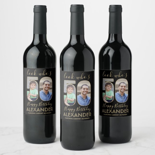 Look Who's 50 Black & Gold 2 Photo Birthday Party Wine Label (Bottles)