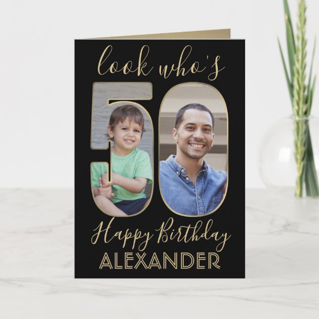 Look Who's 50 Black & Gold 2 Photo Happy Birthday Card (Front)