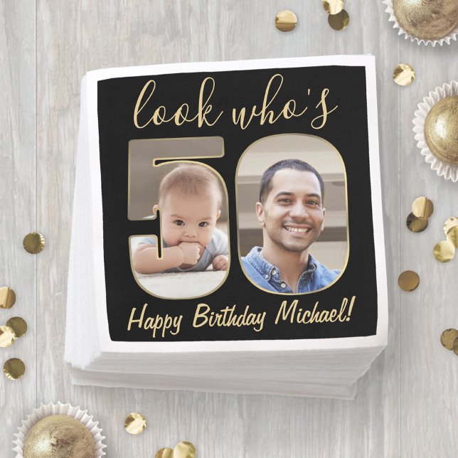 Look Who's 50 Black & Gold 2 Photo Happy Birthday Napkins (Creator Uploaded)