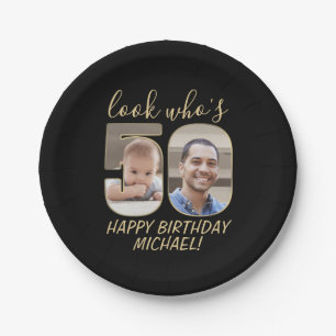 Look Who's 50 Black & Gold 2 Photo Happy Birthday Paper Plates