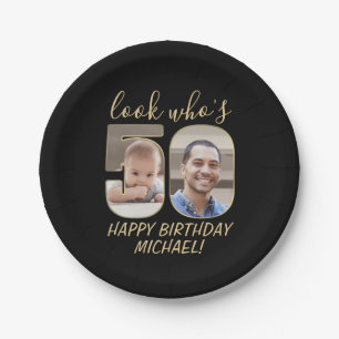 Look Who's 50 Black & Gold 2 Photo Happy Birthday Paper Plates
