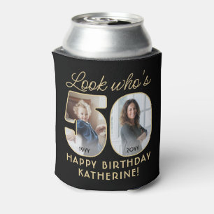 Look Who's 50 Black & Gold 4 Photo Birthday Party Can Cooler