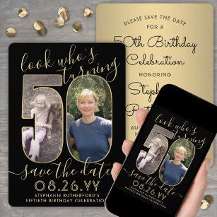 Look Who's 50 Black & Gold Birthday Party 2 Photo Save The Date