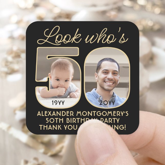 Look Who's 50 Black & Gold Birthday Party 2 Photo Square Sticker (Creator Uploaded)
