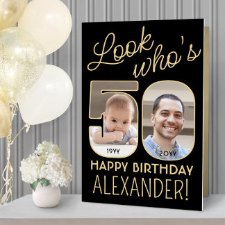 Look Who's 50 Black & Gold Giant 2 Photo Birthday Card