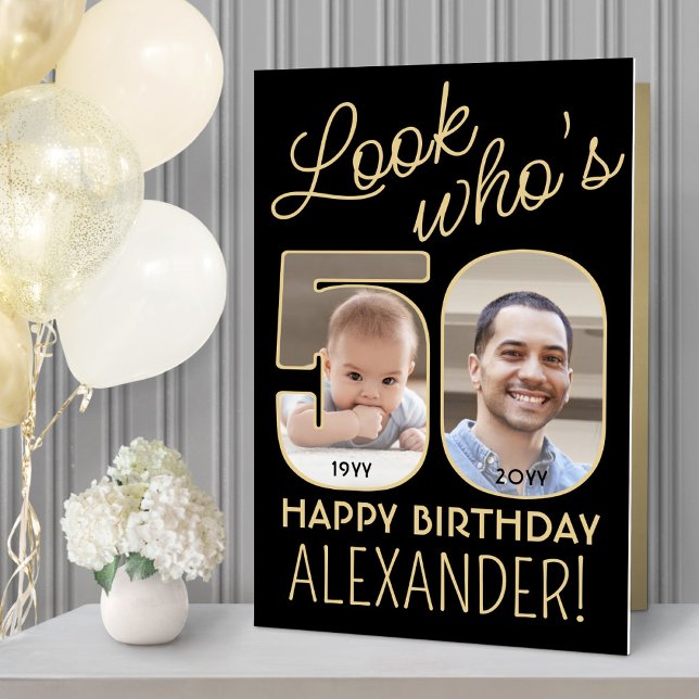 Look Who's 50 Black & Gold Giant 2 Photo Birthday Card (Creator Uploaded)