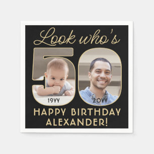 Look Who's 50 Black & Gold Happy Birthday 2 Photo Napkins