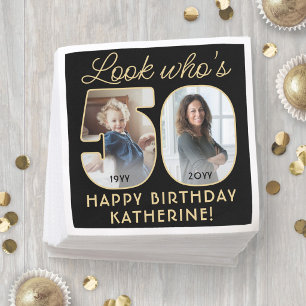Look Who's 50 Black & Gold Happy Birthday 2 Photo Napkins