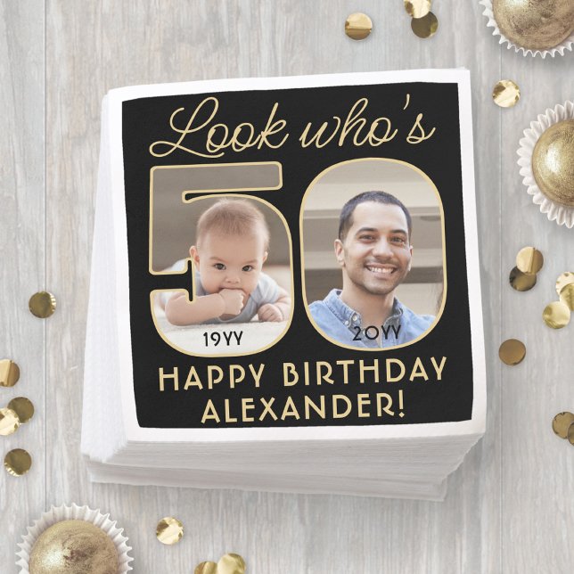 Look Who's 50 Black & Gold Happy Birthday 2 Photo Napkins (Creator Uploaded)