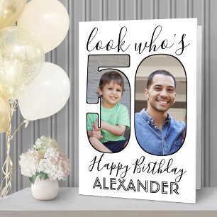 Look Who's 50 Black & White Birthday Party 2 Photo Card