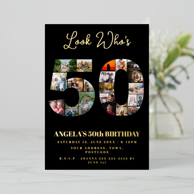look who's 50 happy 50th birthday Photo Collage  Foil Invitation (Standing Front)