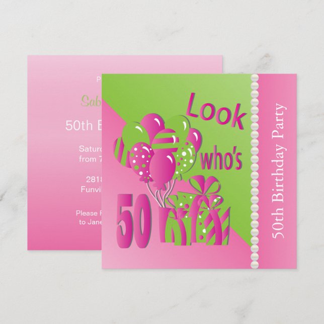 Look Who's 50 in Pink - 50th Birthday Invitation (Front/Back)