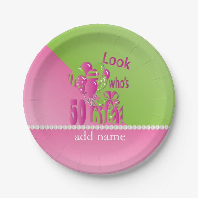 Look Who's 50 in Pink - 50th Birthday Paper Plates (Front)