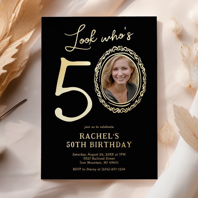 Look Who's 50 Photo Adult Birthday Foil Invitation (Creator Uploaded)