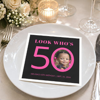 Look Who's 50 Pink Black 50th Birthday Kid Photo  Napkins
